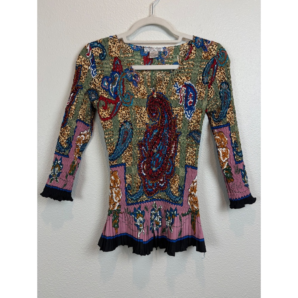 Alberto Makali Top L Paisley Leopard Floral Crinkle Boho Maximalist Tunic y2k